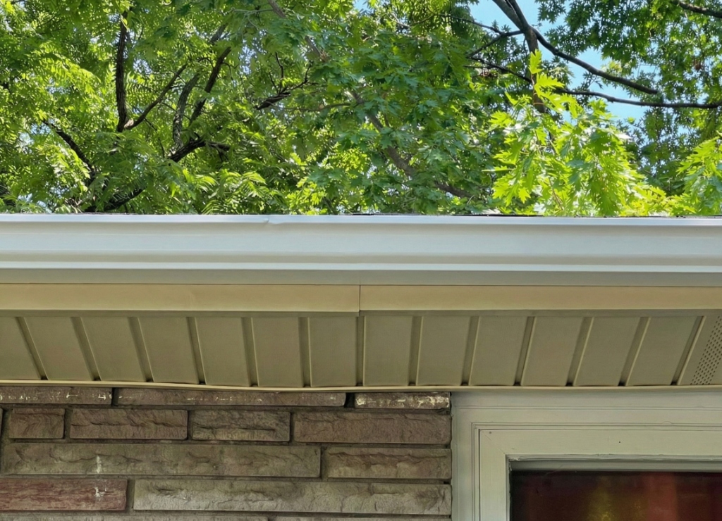 Clear flowing eavestroughs in Oakridge London Ontario after professional gutter cleaning by Core Exteriors