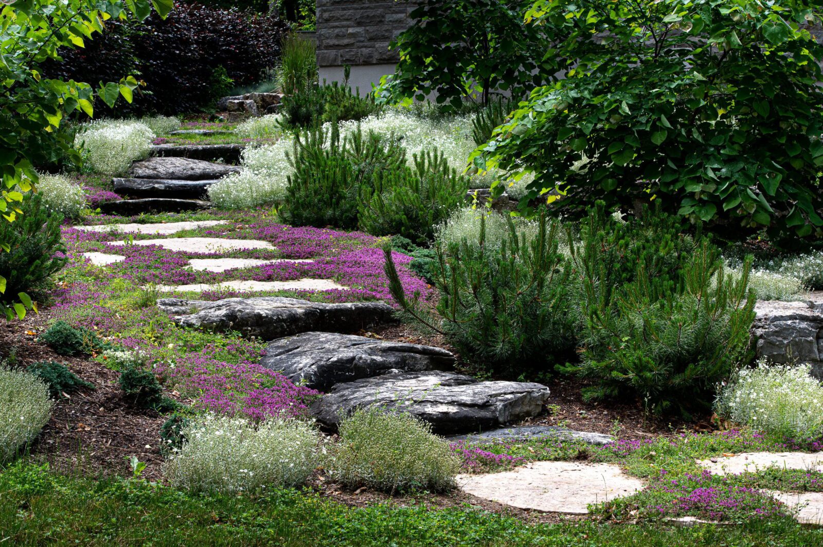 Natural stone step garden path with lavender and ornamental plantings in Byron London Ontario