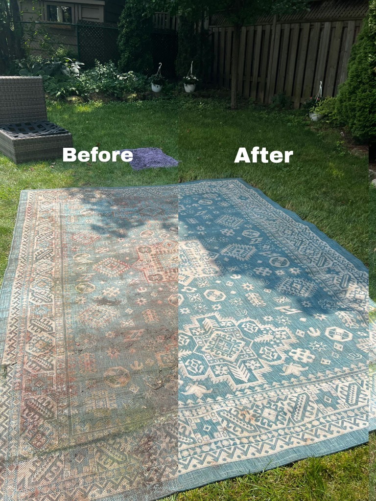 Outdoor area rug before and after professional cleaning by Core Exteriors London Ontario