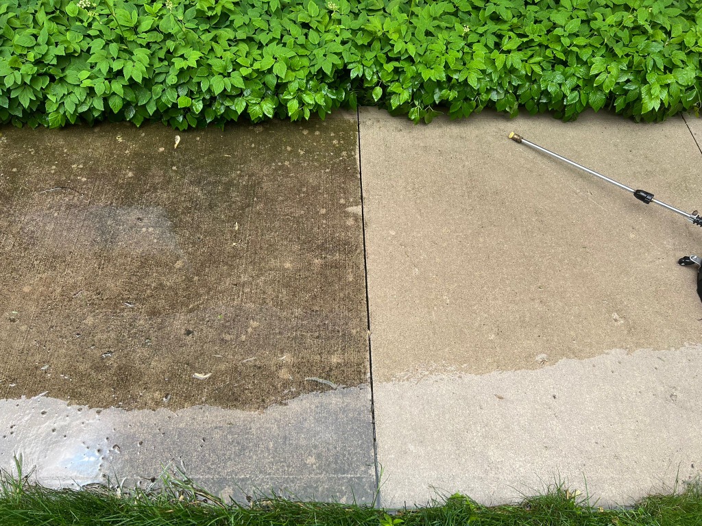 Stained algae-covered concrete sidewalk in Byron London Ontario before professional pressure washing